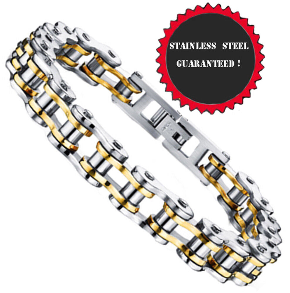 Motorcycle Stainless Steel Bike Biker Silver Gold Love Womens Men Bracelet 12Mm
