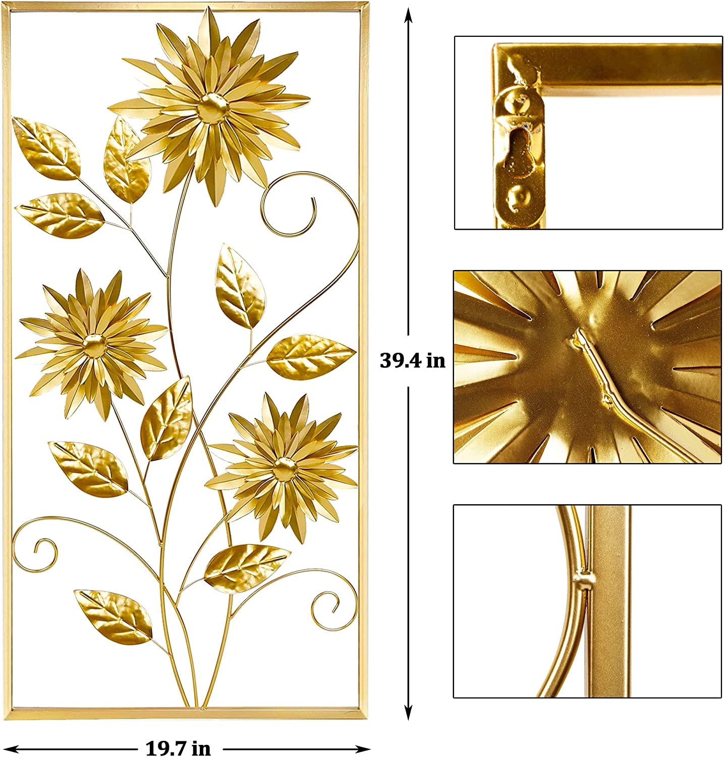 Gold Wall Sculptures, 39 Inch Golden Rectangular Metal Wall Decor with Frame, Gold Metal Flower Wall Art Sculpture for Living Room, Bedroom, Office, Study, Large (Golden-1 Pack)