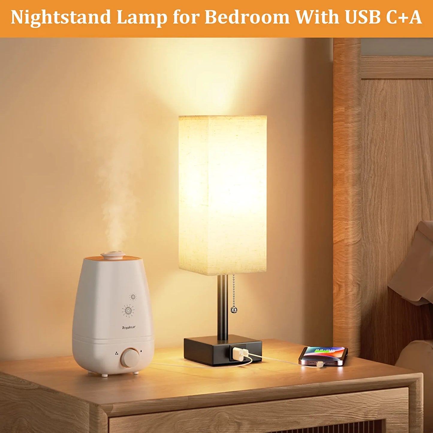 Bedside Table Lamp with 3 Levels Brightness - 2700/3500/5000K Small Lamp with USB C+A Ports, Nightstand Lamp with 3 Color Modes by Pull Chain, Bedroom Lamp for Living Read Work(Led Bulb Included)
