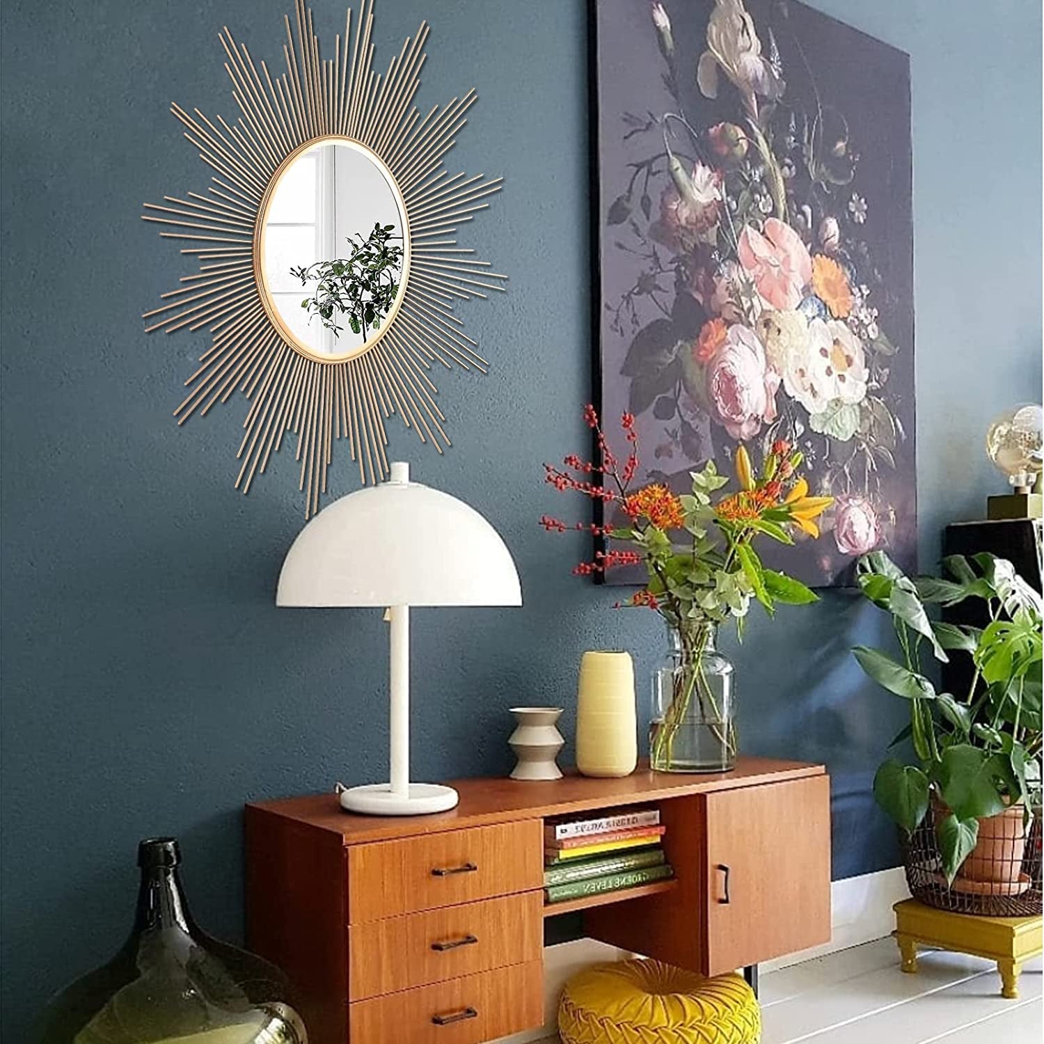 24'' Large Gold Sunburst Wall Mirror Boho Home Decor round Wall Art Mirror for Living Room/Bedroom/Bathroom/Entryway