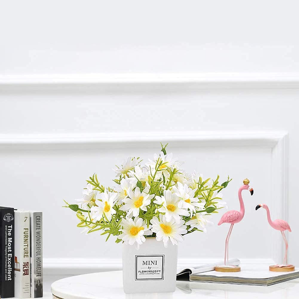 Artificial Flowers, Daisy Flower with Vase Silky Artificial Daisies Bouquet Fake Plant Bonsai for Home Office Wedding Decoration, Table Centerpieces Arrangement, Windowsill Decor