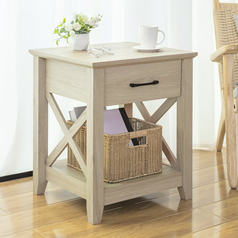 Benton Park Farmhouse X-Design End Table with Storage Drawer, Warm Oak