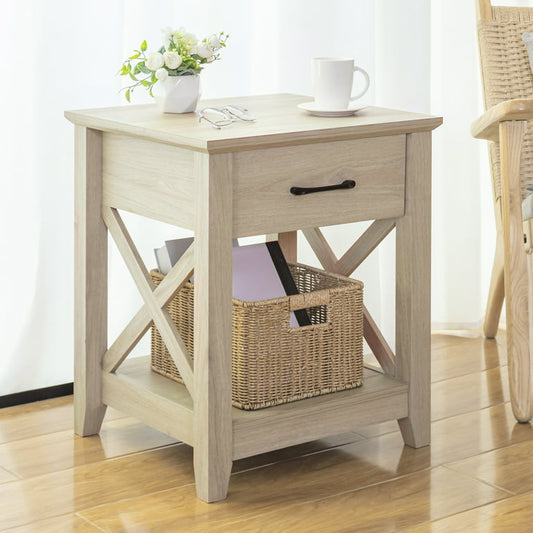 Benton Park Farmhouse X-Design End Table with Storage Drawer, Warm Oak