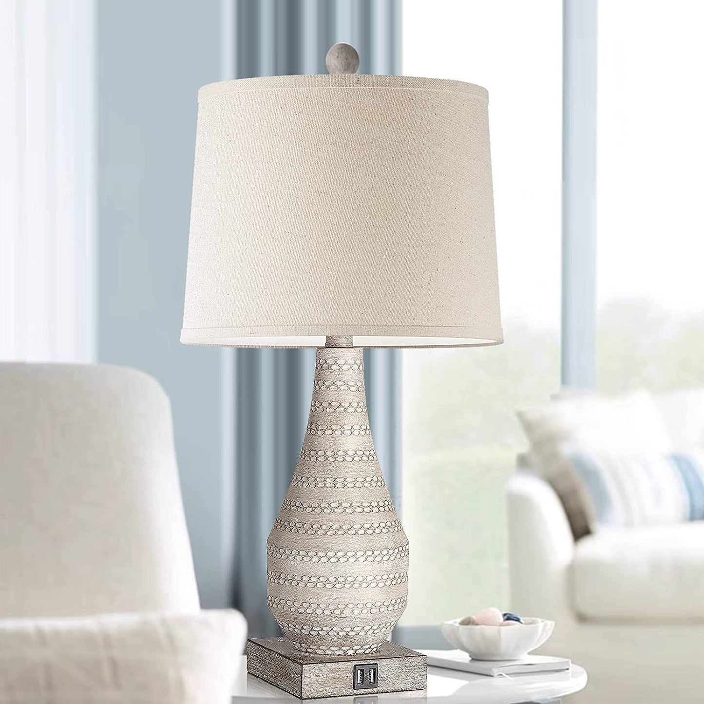 3 Way Dimmable Touch Lamps for Bedroom Set of 2, Bedside Lamp with USB Ports,Rustic Table Lamp for Living Room with Gray Body, Resin Nightstand Lamp with Linen Shade, Farmhouse Lamp for Study Room
