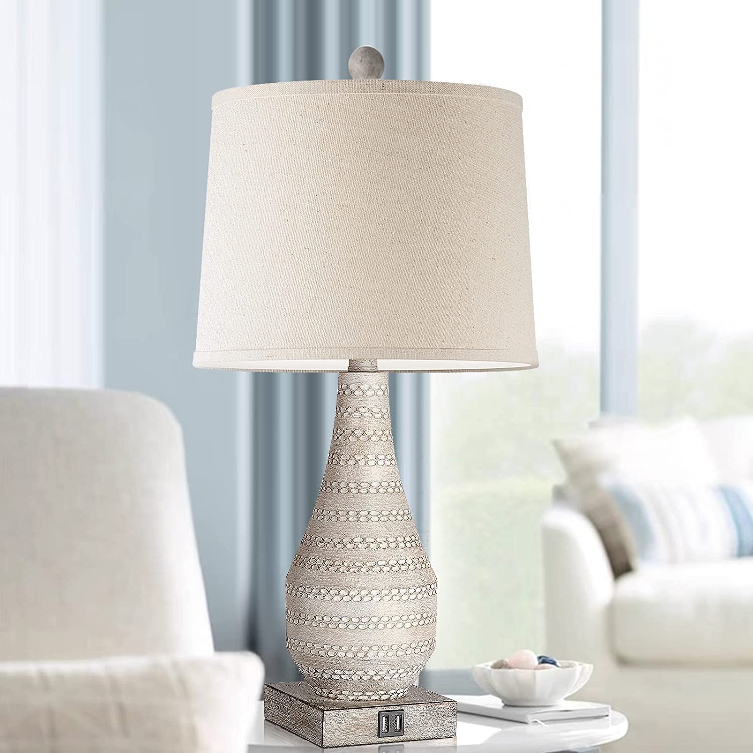 3 Way Dimmable Touch Lamps for Bedroom Set of 2, Bedside Lamp with USB Ports,Rustic Table Lamp for Living Room with Gray Body, Resin Nightstand Lamp with Linen Shade, Farmhouse Lamp for Study Room