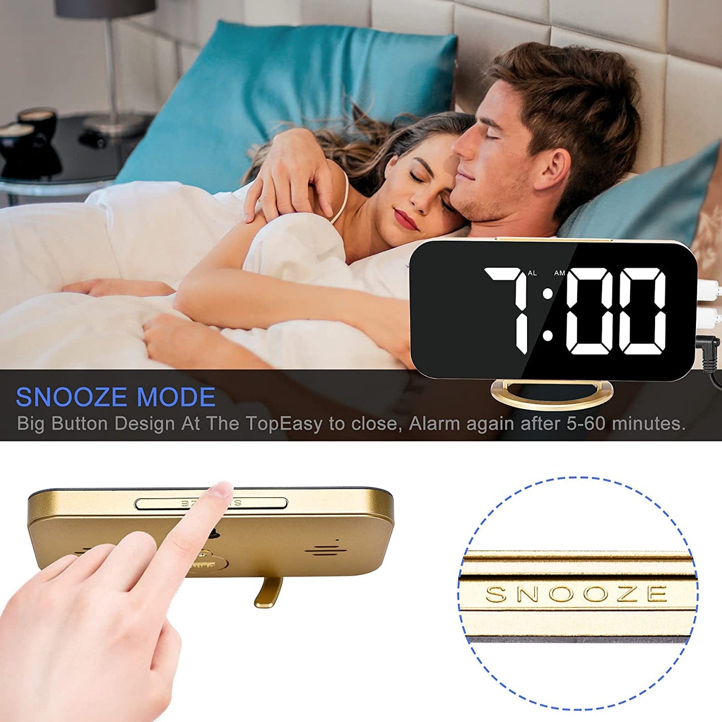 Digital Alarm Clock,7 in LED Mirrored Clocks Large Display,With 2 USB Charger Ports,Auto Dim,Night Mode,Modern Desktop Electronic Clocks for Bedroom Home Office Decor - Gold