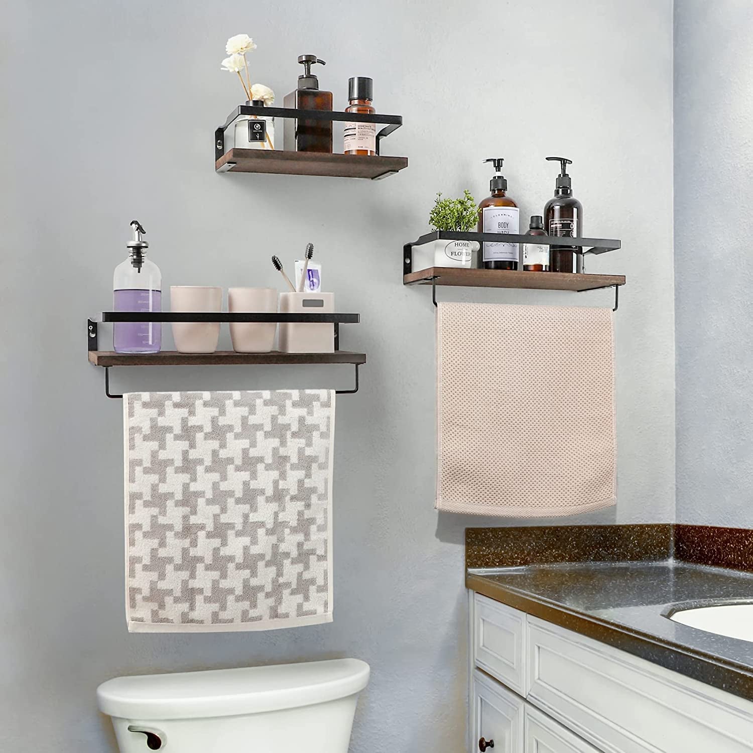 3 Set Pre-Assembled Floating Bathroom Shelves with 2 Towel Bars, Wall Mounted Storage Wood Shelf, Rustic Decor Accessories for Bathroom, Kitchen, Bedroom, Office, over Toilet - Brown