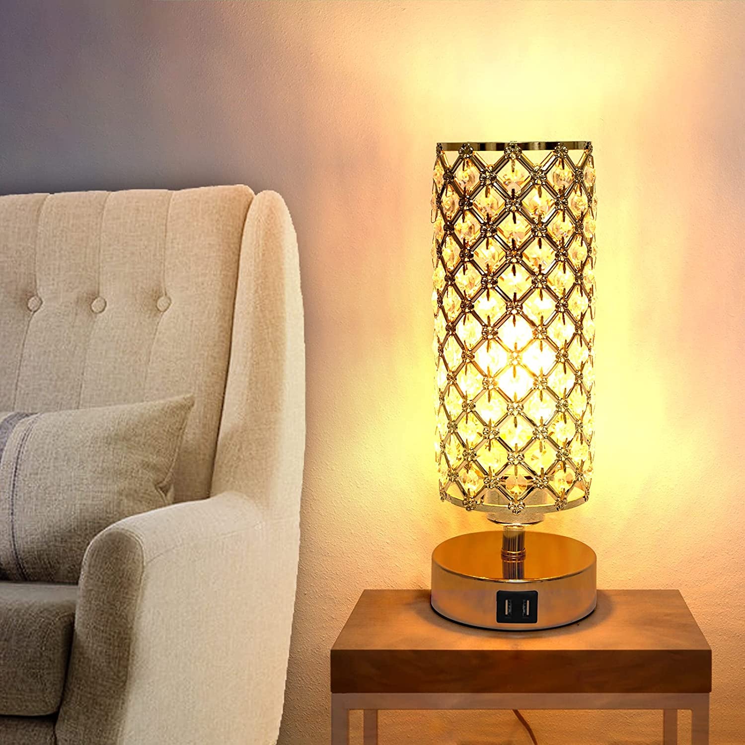 Touch Control Crystal Table Lamps Set of 2, Nightstand Sliver Lamps with 2 USB Charging Ports, Modern Dimmable Desk Lamps for Bedrooms (LED Bulb Included)