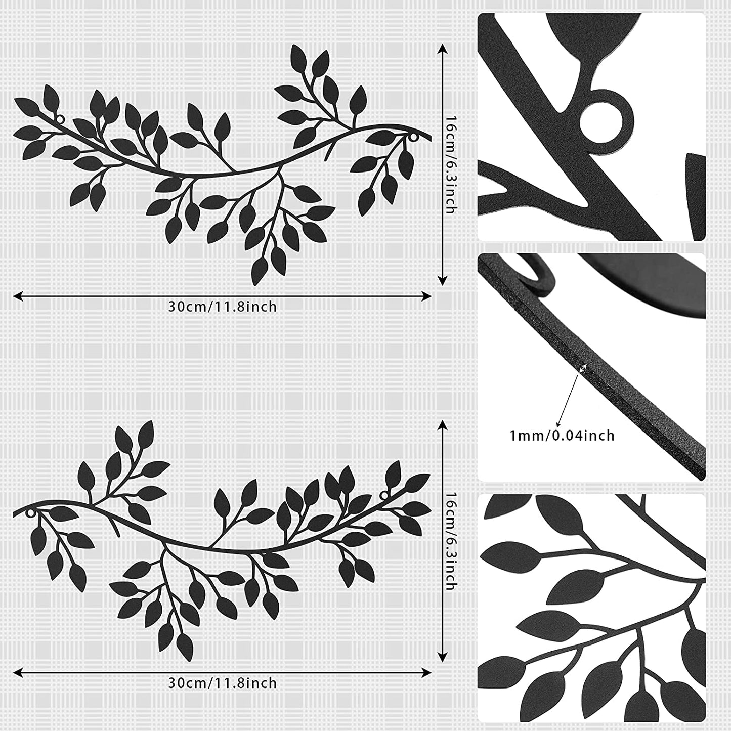 2 Pieces Metal Tree Leaf Wall Decor Vine Olive Branch Leaf Wall Art Wrought Iron Scroll Sculptures above the Bed, Living Room, Outdoor Decoration (Black)
