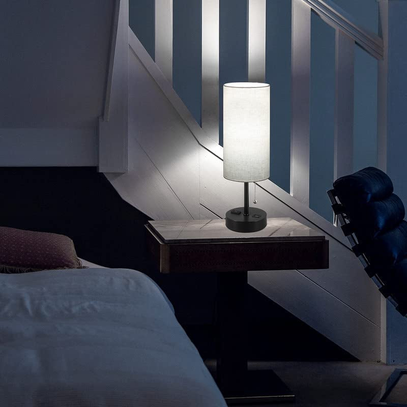 USB Bedside Table Lamp, 2700K 4000K 5000K Nightstand Lamp with Pull Chain, Bedside Lamp with USB Port & AC Outlet, Table Lamp for Bedroom Living Room, Bulb Included, Fabric Linen Lamp Shade