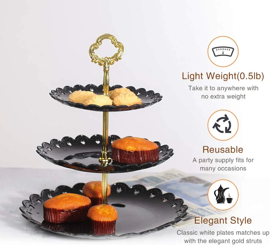 Black round Plate 3 Tiered Serving Stand Tray Cake Stands Cupcake Holder Dessert Stand Table Decorations for Party Kids Birthday Tea Party Baby Shower