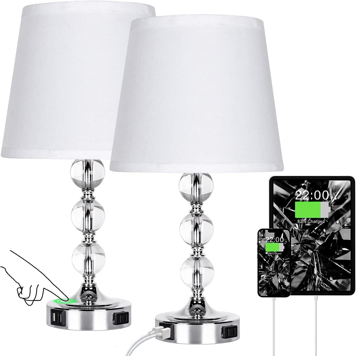 Table Lamp Set of 2, Bedside Touch Control Table Lamps for Bedroom Living Room, 3 Way Dimmable Nightstand Lamp with 2 USB Ports & AC Outlet, 2700K 9W Bulbs Included(Silver).