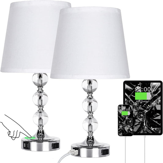 Table Lamp Set of 2, Bedside Touch Control Table Lamps for Bedroom Living Room, 3 Way Dimmable Nightstand Lamp with 2 USB Ports & AC Outlet, 2700K 9W Bulbs Included(Silver).