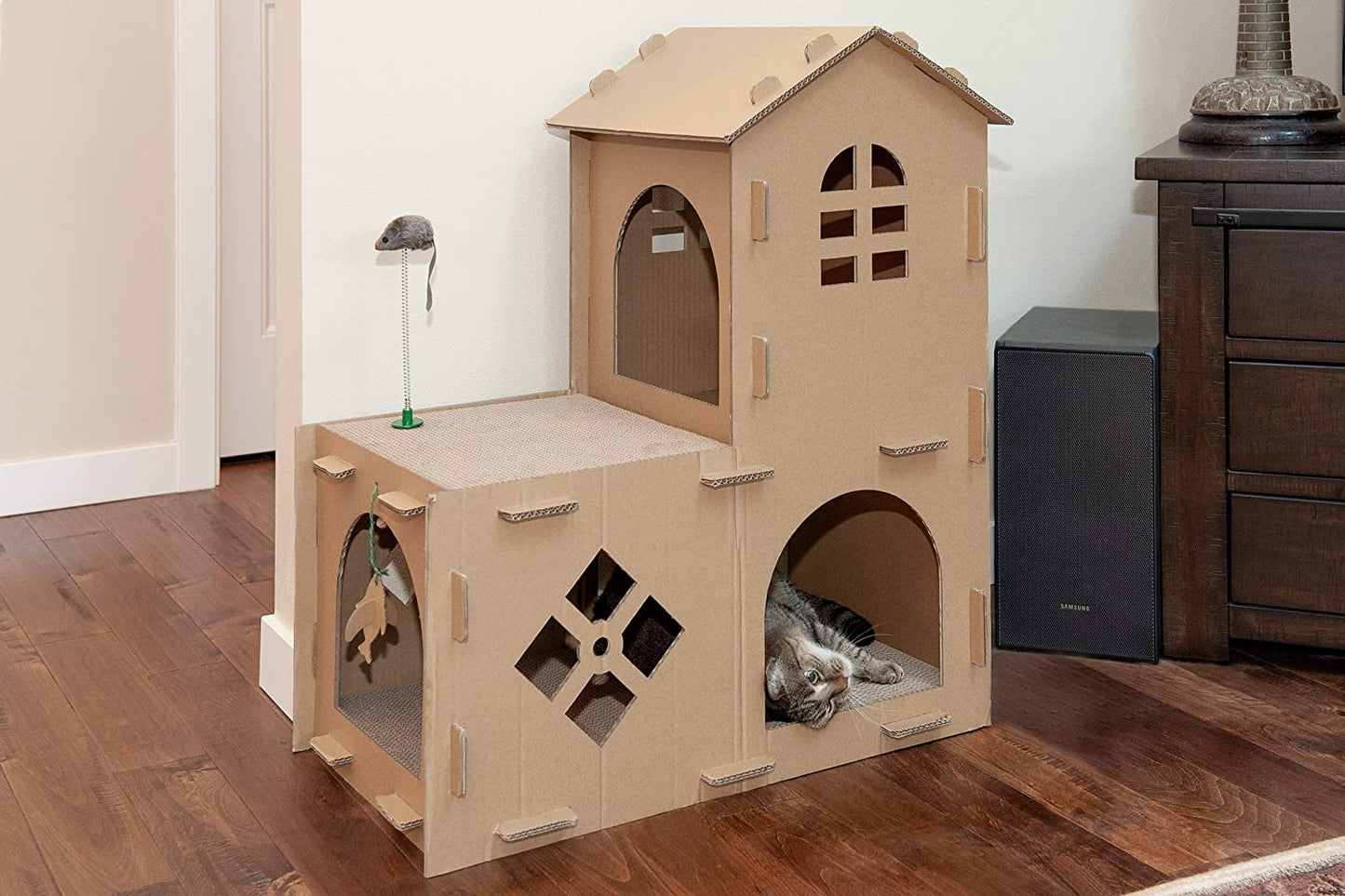 Furhaven Farmhouse Multi-Level Cat Scratcher Hideout W/ Catnip - Cardboard Brown, One Size