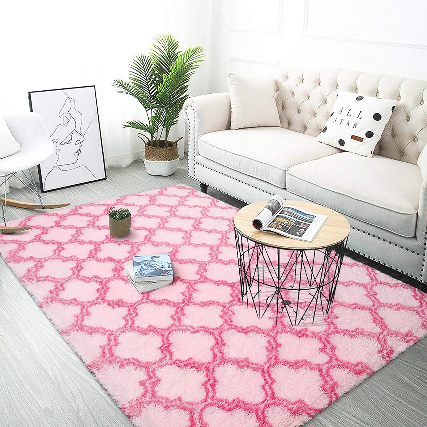 Luxury Shag Area Rug Modern Indoor Plush Fluffy Rugs, Extra Soft and Comfy Carpet, Geometric Moroccan Rugs for Bedroom Living Room Girls Kids Nursery, 5X8 Feet Pink/Hot Pink