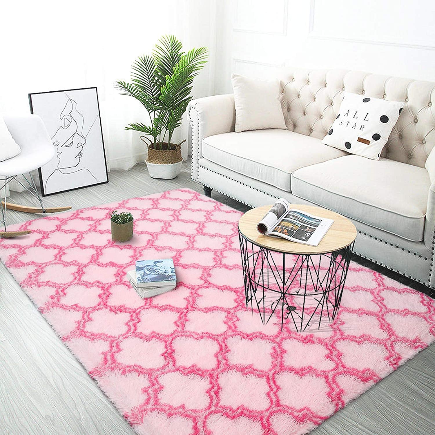 Luxury Shag Area Rug Modern Indoor Plush Fluffy Rugs, Extra Soft and Comfy Carpet, Geometric Moroccan Rugs for Bedroom Living Room Girls Kids Nursery, 5X8 Feet Pink/Hot Pink
