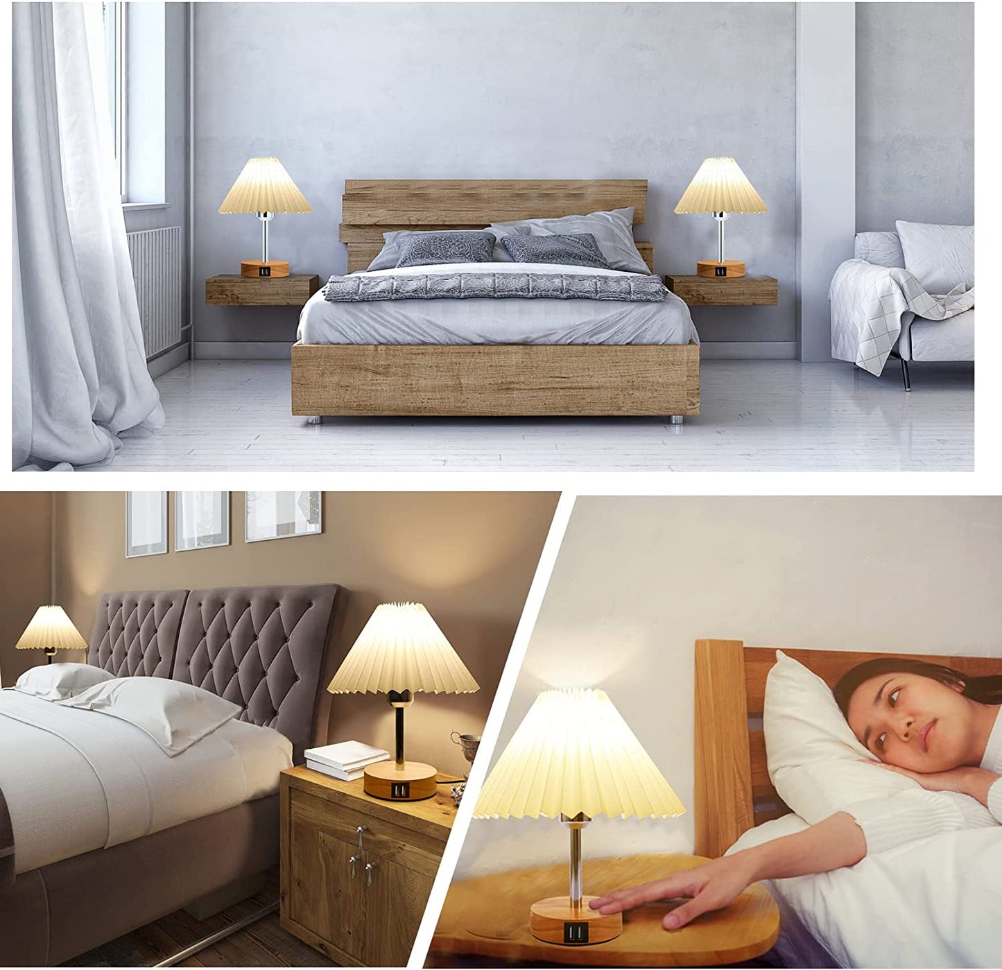 Touch Control Bedside Table Lamp with Dual USB Ports - Nordic Style LED Desk Lamp for Bedroom, 3-Way Dimmable Wooden Nightstand Lamp for Living Room, Kid'S Room, or Home Office ( Adapter Not Included)