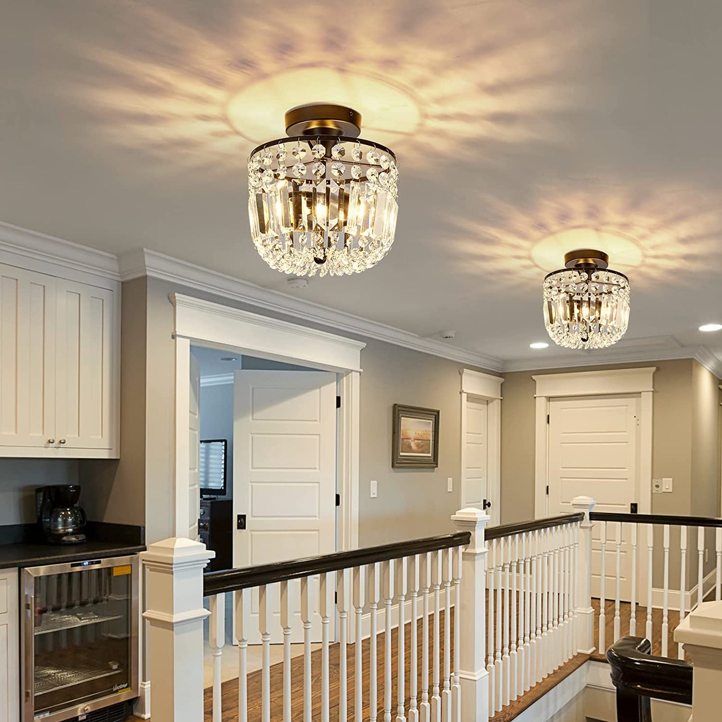 Small Crystal Chandelier 2- Lights ，Modern Semi Flush Mount Ceiling Light Fixture for Hallway Kitchen Foyer （Black）