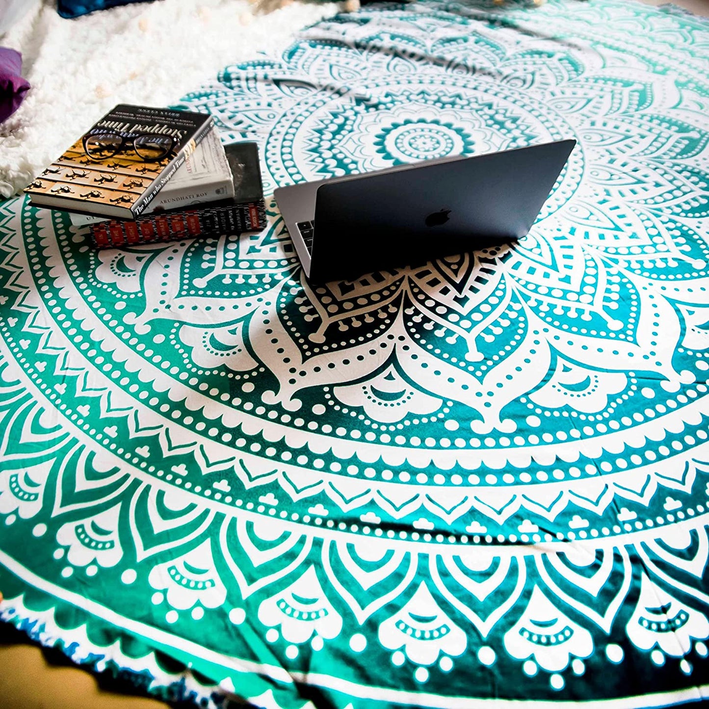 Tealtastic Mandala round Tapestry Hippie Indian Mandala Beach Roundie Picnic Table Throw Hippy Bohemian Spread Boho Gypsy Cotton Tablecloth Beach Towel Meditation round Yoga Mat - 72 Inches, Green