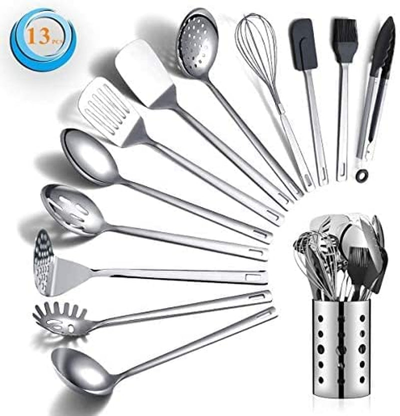 Stainless Steel Cooking Utensils Set, 13 Pieces Kitchen Utensils Set, Kitchen Tools Set with Utensil Holder Non-Stick and Heat Resistant,Dishwasher Safe, Easy to Clean (13 Packs)