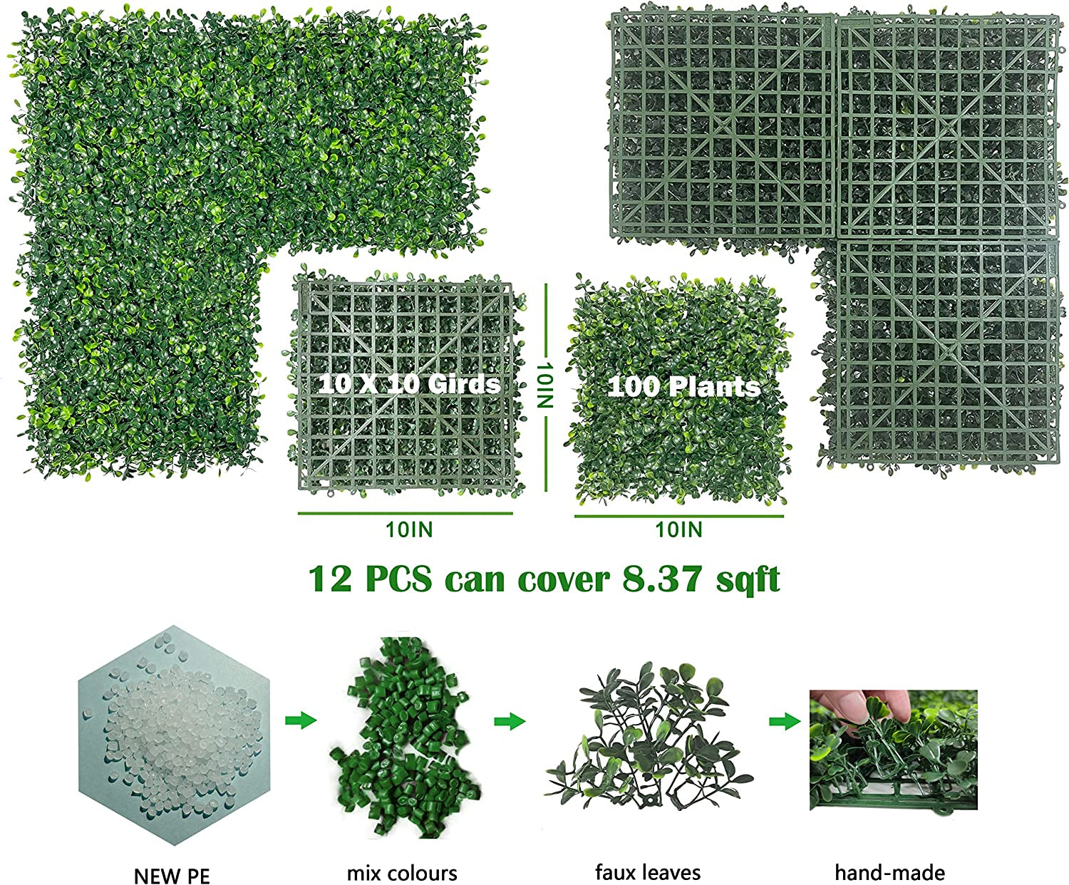 Artificial Green Wall Panel,10"X 10"(12Pcs) Boxwood Faux Grass Wall Panels for Interior Wall, Backdrop Wall,Garden Wall and Indoor Outdoor Plant Wall Decor