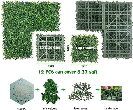 Artificial Green Wall Panel,10"X 10"(12Pcs) Boxwood Faux Grass Wall Panels for Interior Wall, Backdrop Wall,Garden Wall and Indoor Outdoor Plant Wall Decor