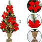 3 FT Christmas Tree, Pre-Lit Poinsettia Spruce Entrance Trees with 100 Leds Lights, Pine Cones, Red & Golden Berries in Gold Urn Base for Front Door, Porch, Entryway Xmas Home Decor, 2 Pack