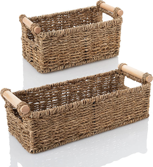 Wicker Storage Basket for Toilet Paper – Set of 2 Toilet Paper Holder for Bathroom Organization – Premium Wooden Handles and Durable Seagrass Design – Versatile Bathroom Counter Organizer