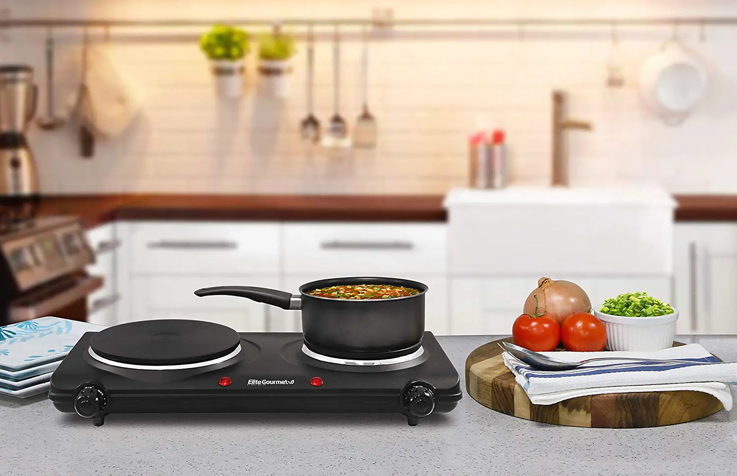 EDB-302BF Countertop Double Cast Iron Burner, 1500 Watts Electric Hot Plate, Temperature Controls, Power Indicator Lights, Easy to Clean, Black