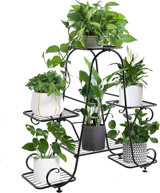 Metal Plant Stand Indoor Outdoor Multiple 6 Tier Tall Corner Flower Pot Holder Stands Shelf Rack Wrought Iron Tiered Planter Shelves for Patio, Living Room, Garden, Balcony, Black