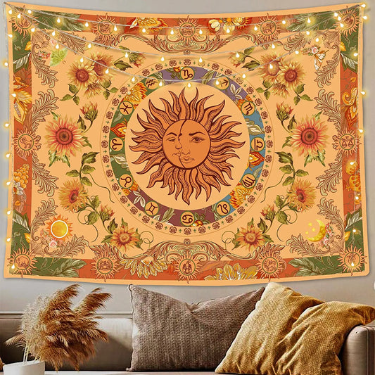 Yellow Sun and Moon Tapestry Vintage Indie Boho Tapestry Wall Hanging with Sunflowers Butterfly Moth Constellation Aesthetic Wall Tapestries for Bedroom Dorm Living Room (Orange, 50'' × 60'')