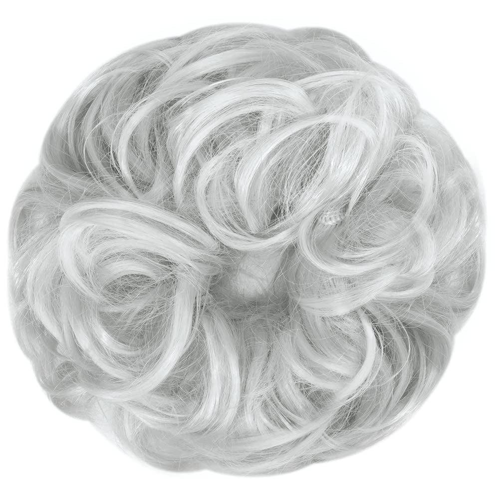 Messy Hair Bun Hair Scrunchies Extension Curly Wavy Messy Synthetic Chignon for Women Updo Hairpiece 1PCS Silver