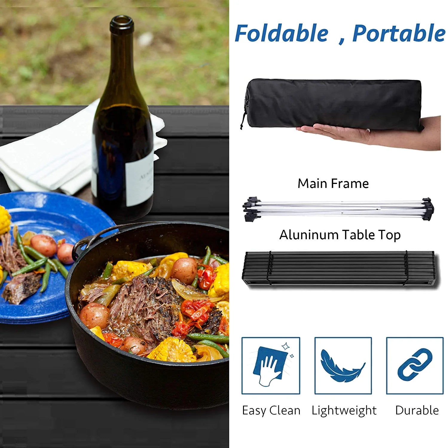 Grope Portable Camping Table with Aluminum Table Top, Folding Beach Table Easy to Carry, Prefect for Outdoor, Picnic, BBQ, Cooking, Festival, Beach, Home