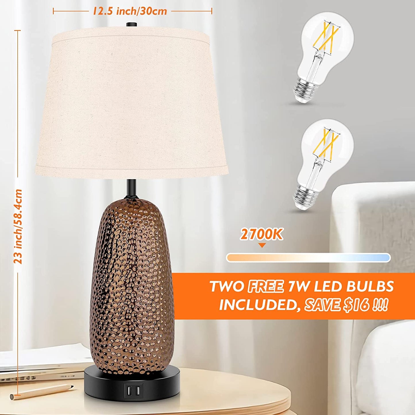 Touch Control Table Lamps Set of 2-3-Way Dimmable Ceramic Nightstand Lamps with 2 USB Ports, Modern Bedside Desk Light with Beige Drum Shade for Bedroom Living Room Reading, A19 LED Bulbs Included