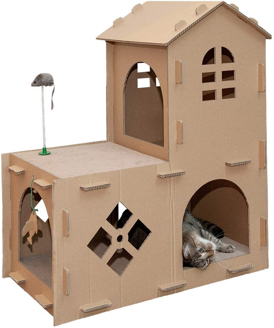 Furhaven Farmhouse Multi-Level Cat Scratcher Hideout W/ Catnip - Cardboard Brown, One Size