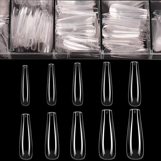 Coffin Nails Long Fake Nails - Clear Acrylic Nails Coffin Shaped Ballerina Nails Tips  500Pcs Full Cover False Nail Artificial Nails with Case for Nail Salons and DIY Nail Art, 10 Sizes