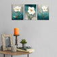Flower Canvas Wall Art Cream White Floral Wall Decor Turquoise Tealish Grey Background Canvas Picture Modern Rustic Artwork Bathroom Bedroom Living Room Home Office Decoration 12" X 16" X 3 Pieces