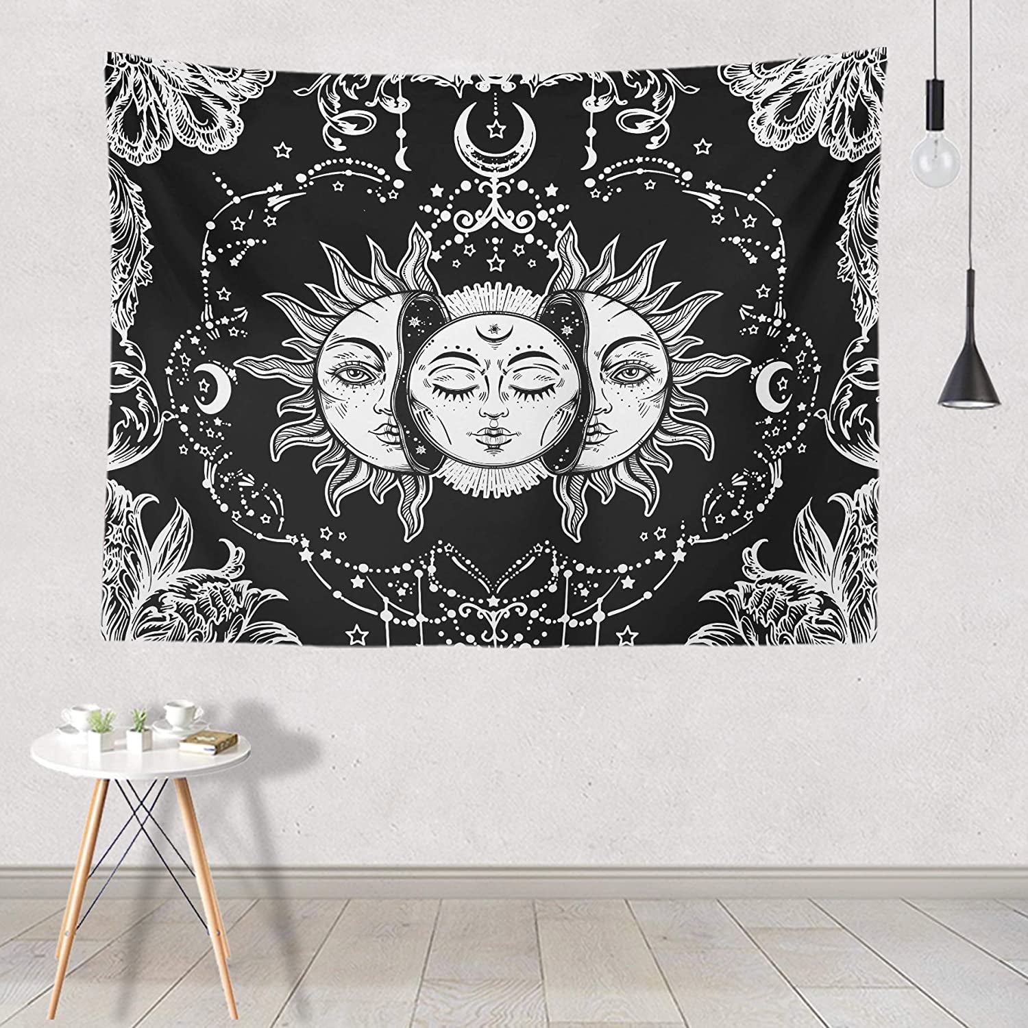 Sun and Moon Tapestry, Black and White Tapestries Mystic Burning Sun with Star Wall Hanging Decor for Bedroom (59" W X 51" L)