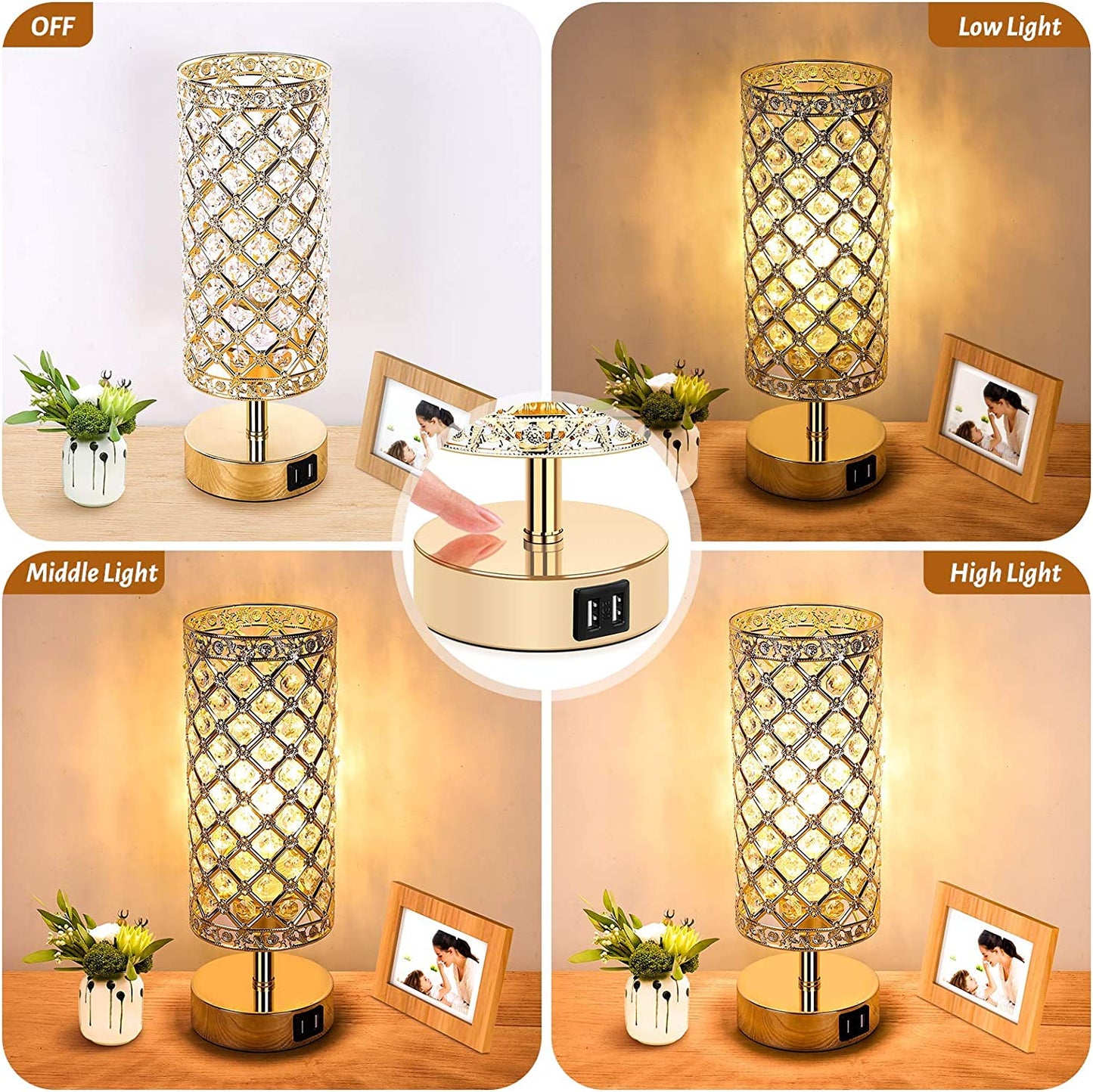 Set of 2 Touch Control Crystal Table Lamps with 2 USB Ports, 3-Way Dimmable Bedside Nightstand Gold Lamps with Decorative Crystal, Small Table Lamps for Bedrooms Living Room, Led Bulbs Included