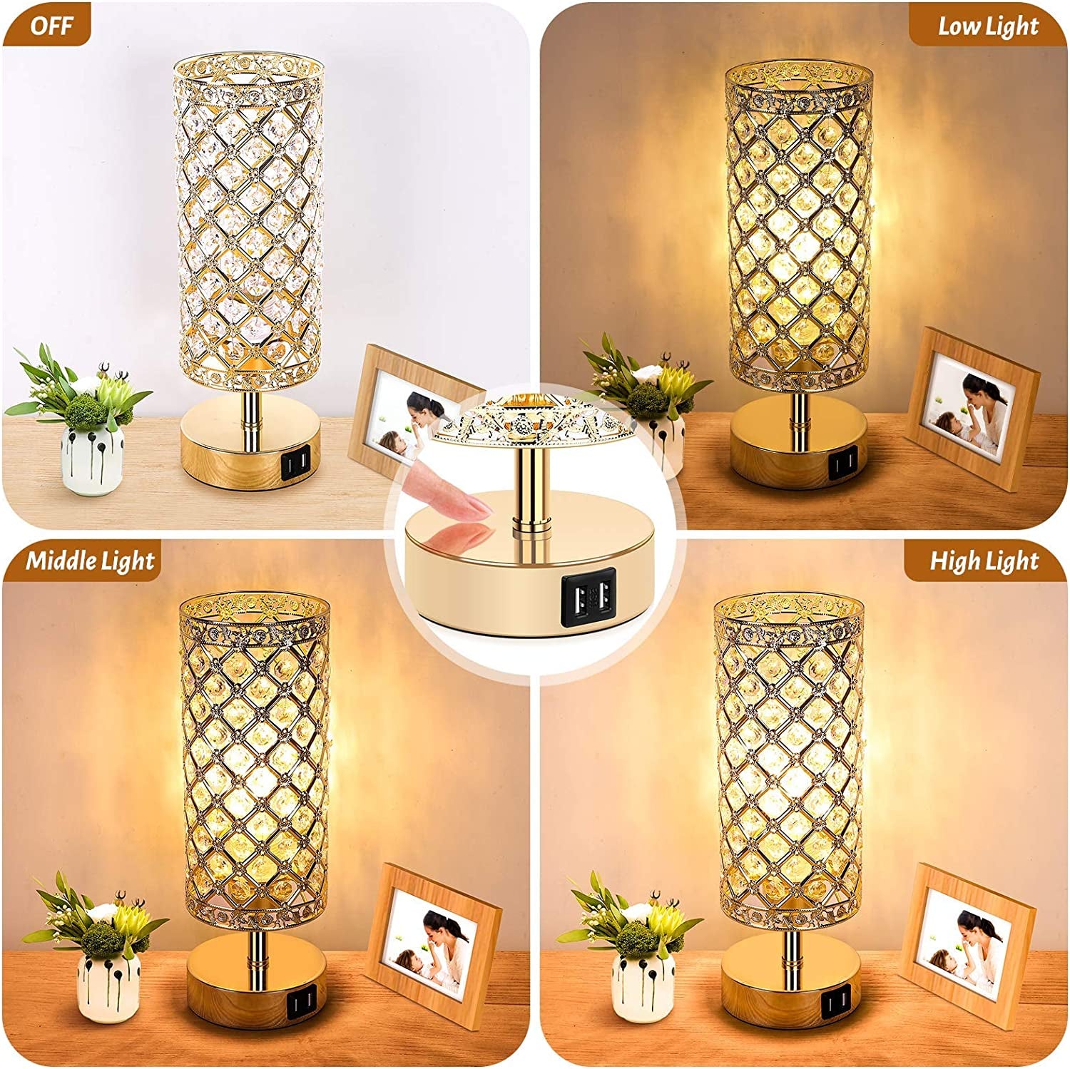 Set of 2 Touch Control Crystal Table Lamps with 2 USB Ports, 3-Way Dimmable Bedside Nightstand Gold Lamps with Decorative Crystal, Small Table Lamps for Bedrooms Living Room, Led Bulbs Included