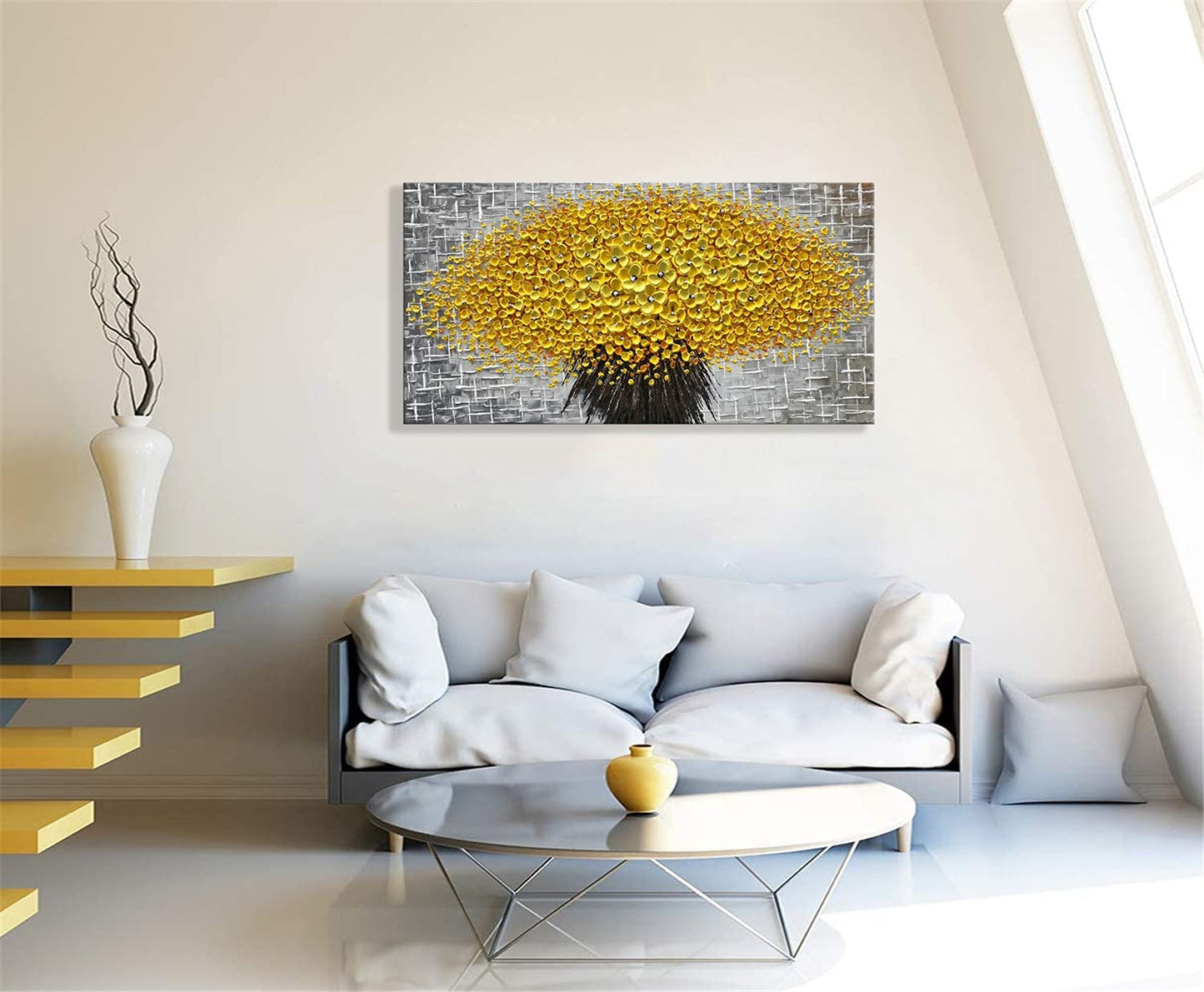 Oil Paintings 24X48", 3D Yellow Flower/Floral Paintings Canvas Wall Art Home Decorations Framed Wall Art Pictures for Dining Room Bedroom Office Kitchen Living Room Wall Decor