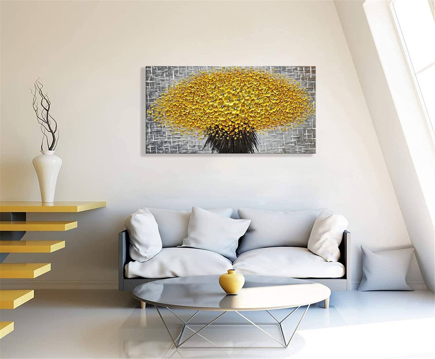 Oil Paintings 24X48", 3D Yellow Flower/Floral Paintings Canvas Wall Art Home Decorations Framed Wall Art Pictures for Dining Room Bedroom Office Kitchen Living Room Wall Decor