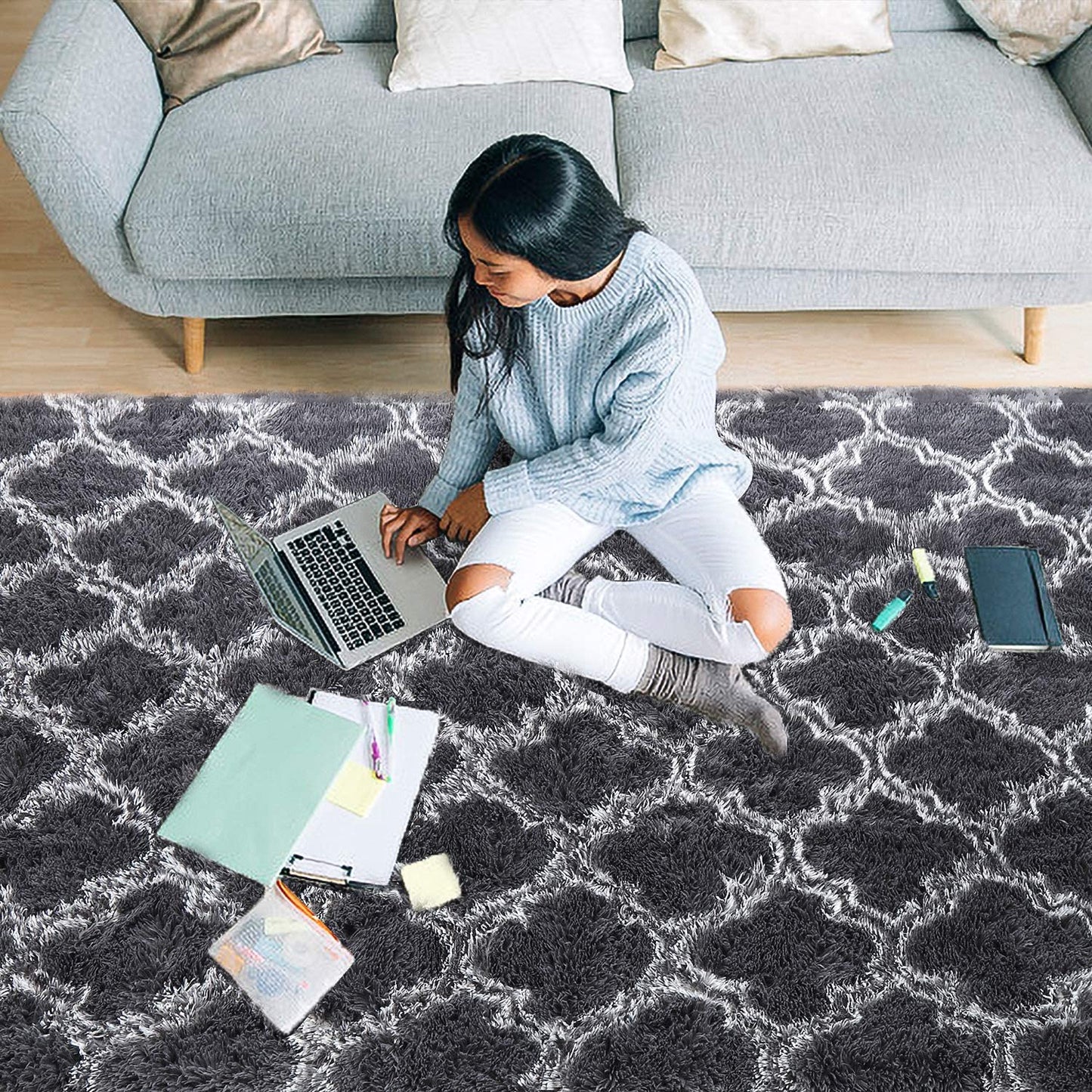 Luxury Shag Area Rug Modern Indoor Plush Fluffy Rugs, Extra Soft and Comfy Carpet, Geometric Moroccan Rugs for Bedroom Living Room Girls Nursery Kids Home 4X6 Feet Dark Grey/White