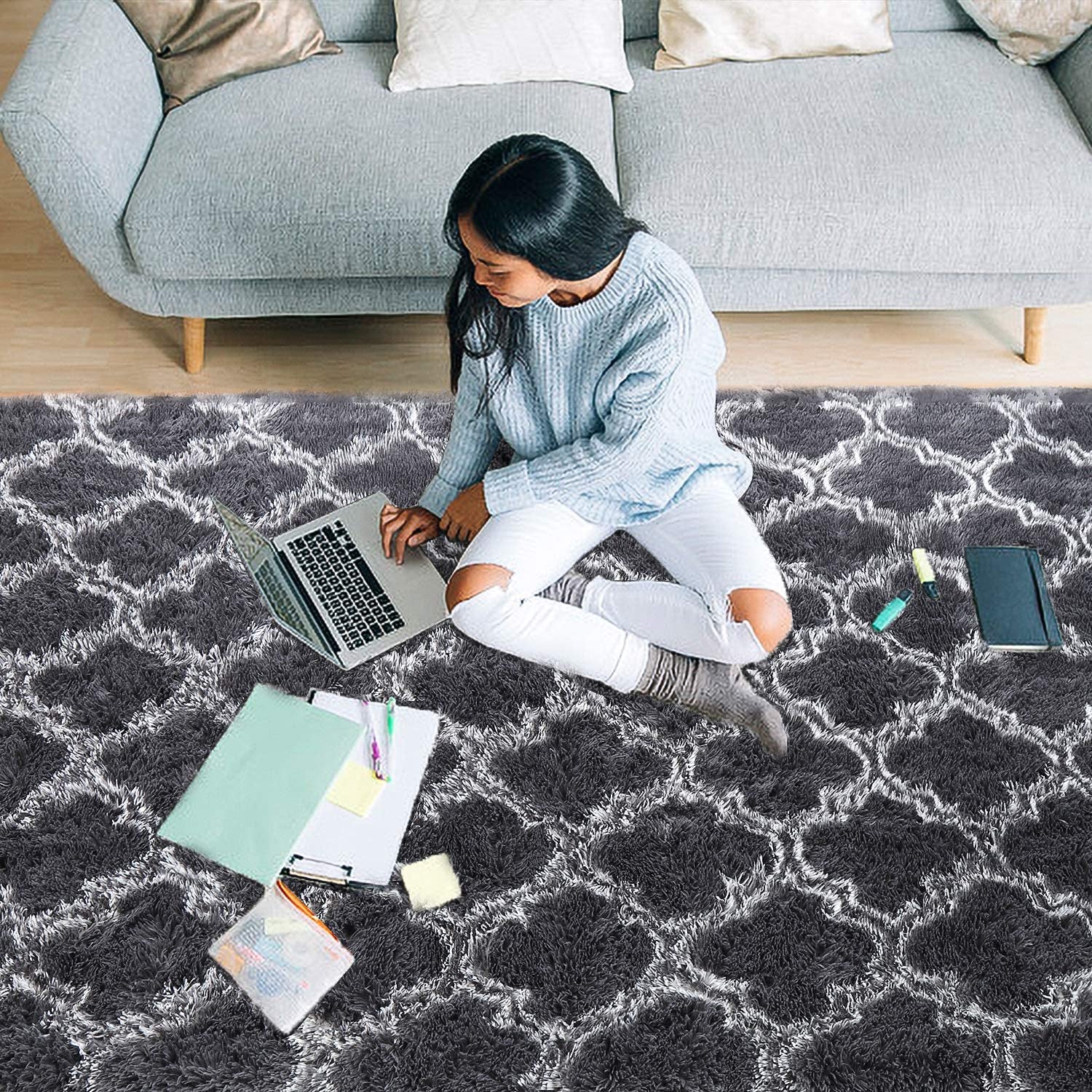 Luxury Shag Area Rug Modern Indoor Plush Fluffy Rugs, Extra Soft and Comfy Carpet, Geometric Moroccan Rugs for Bedroom Living Room Girls Nursery Kids Home 4X6 Feet Dark Grey/White