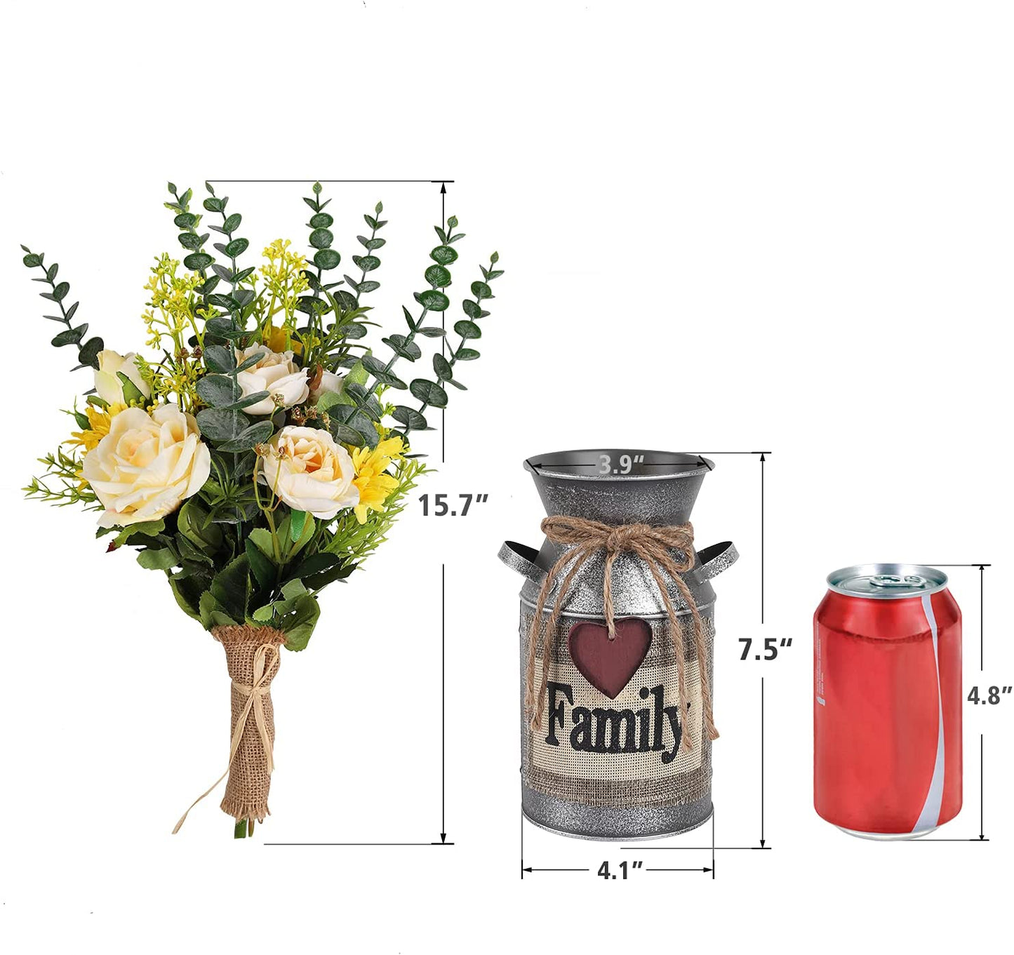 Metal Flower Vase Milk Can Rustic Style with Rose & Eucalyptus Shabby Chic Metal Vase for Rustic Home Dining Table Centerpieces Decor (Yellow, 1)