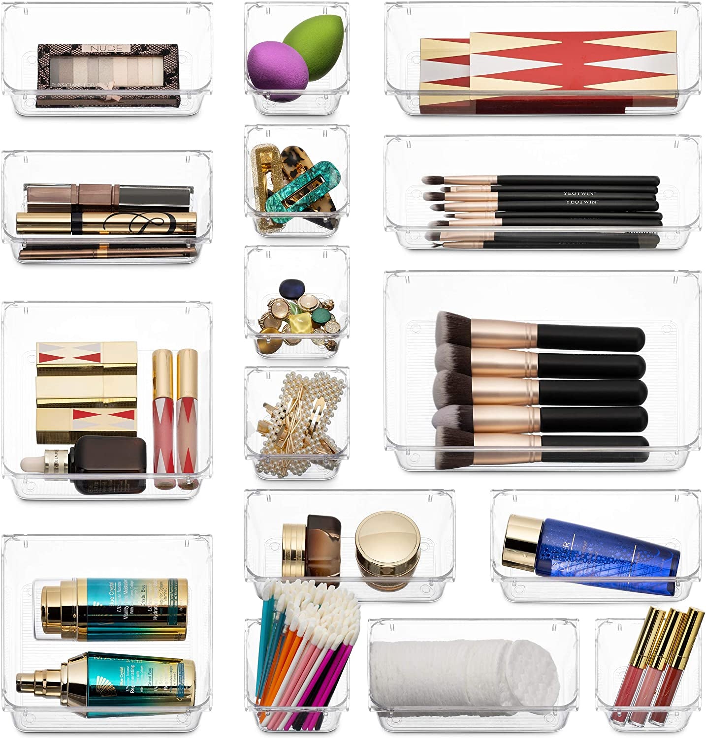 25 Pcs Drawer Organizer Set Dresser Desk Drawer Dividers - 4 Size Bathroom Vanity Cosmetic Makeup Trays - Multipurpose Clear Plastic Storage Bins for Jewelries, Kitchen Gadgets and Office Accessories