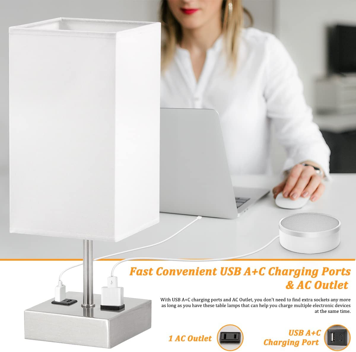 Touch Control Bedside Lamp, USB Table Lamp with 4 Bulbs,3 Way Dimmable Nightstand Lamp with 2 USB Ports & AC Outlet, Touch Desk Lamps for Bedrooms Living Room, Small Table Lamp, White Fabric Shade