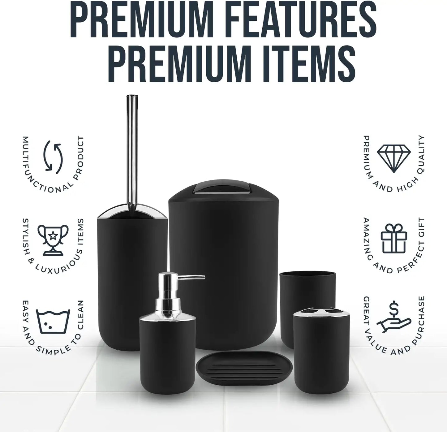 Black Bathroom Accessories Set Complete with Bathroom Rugs Set and Shower Curtain Set, 12 Piece Bathroom Sets with Rugs and Accessories, Shower Curtain with Liner & Hooks, Bath Mat Set