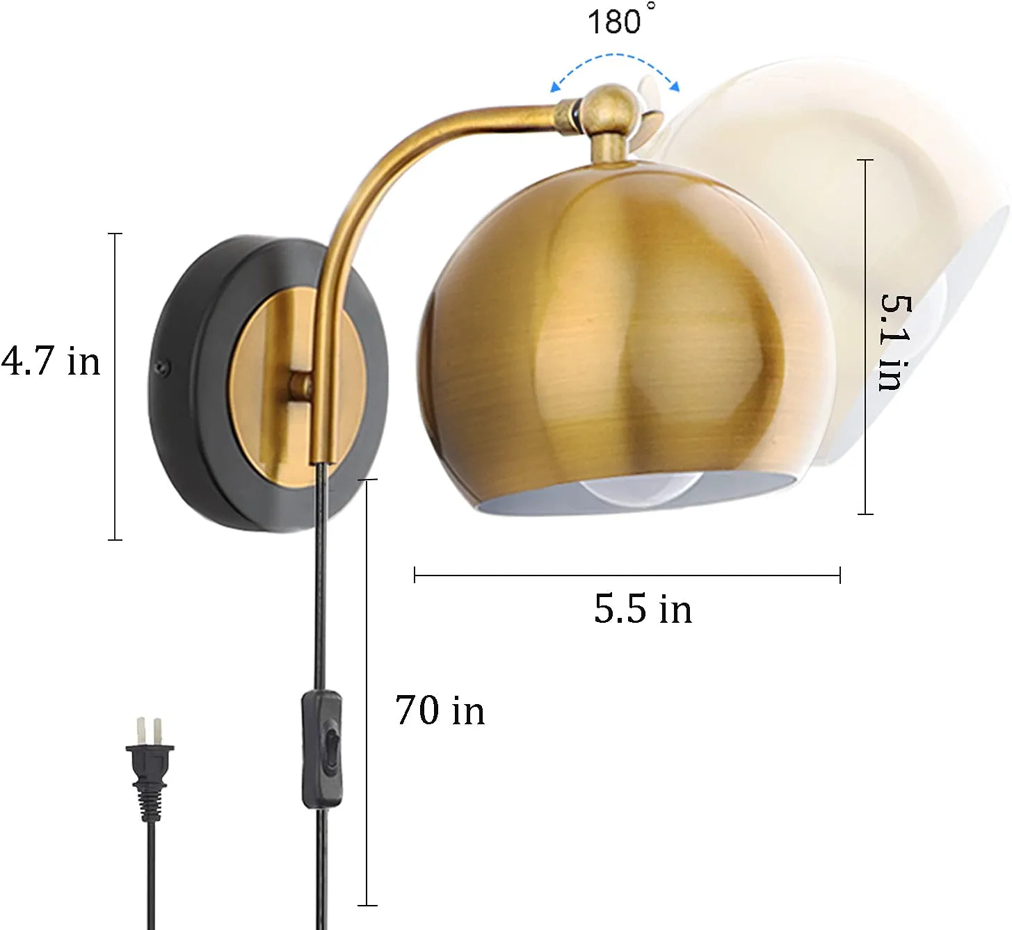 OYLYW Gold Wall Sconces Plug in Lighting Fixture ,E26 Industrial Vintage Boho Adjustable Wall Lights,Set of 2 Pack Wall Lamp Bedside Lamp Bathroom Vanity Lights