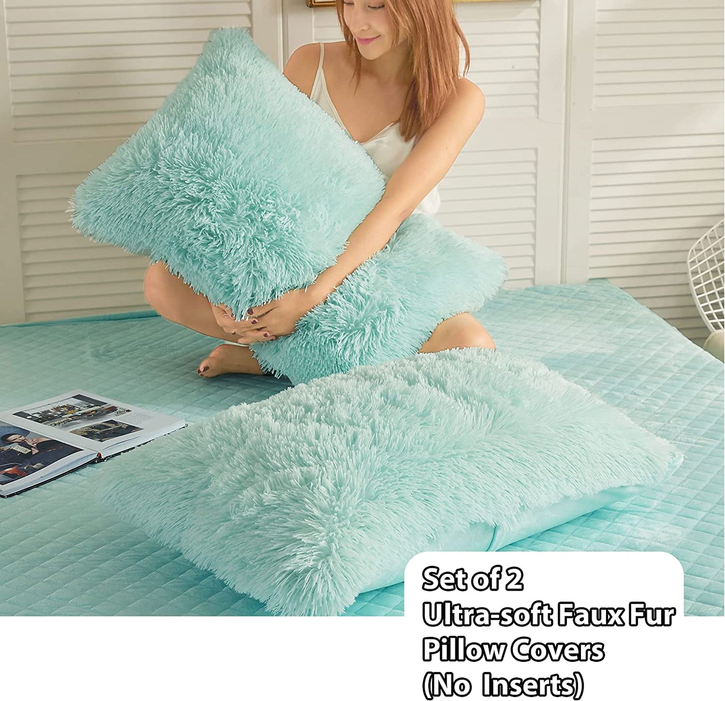 2 Pack Faux Fur Pillow Shams,Shaggy Plush Home Decorative Luxury Series Super Soft Furry Pillow Case with Zipper Closure for Home Sofa Couch Decoration,Standard Queen(Mint,20"X26")